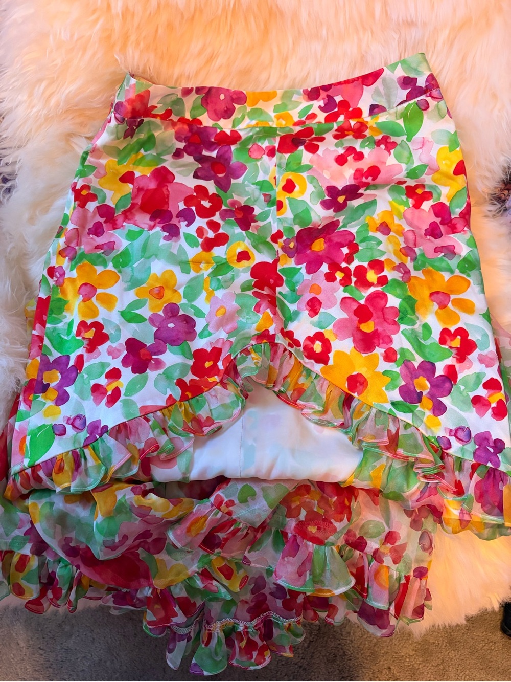 Caroline Constas Pink, Red, Yellow & Green Floral High-Low Ruffle Skirt